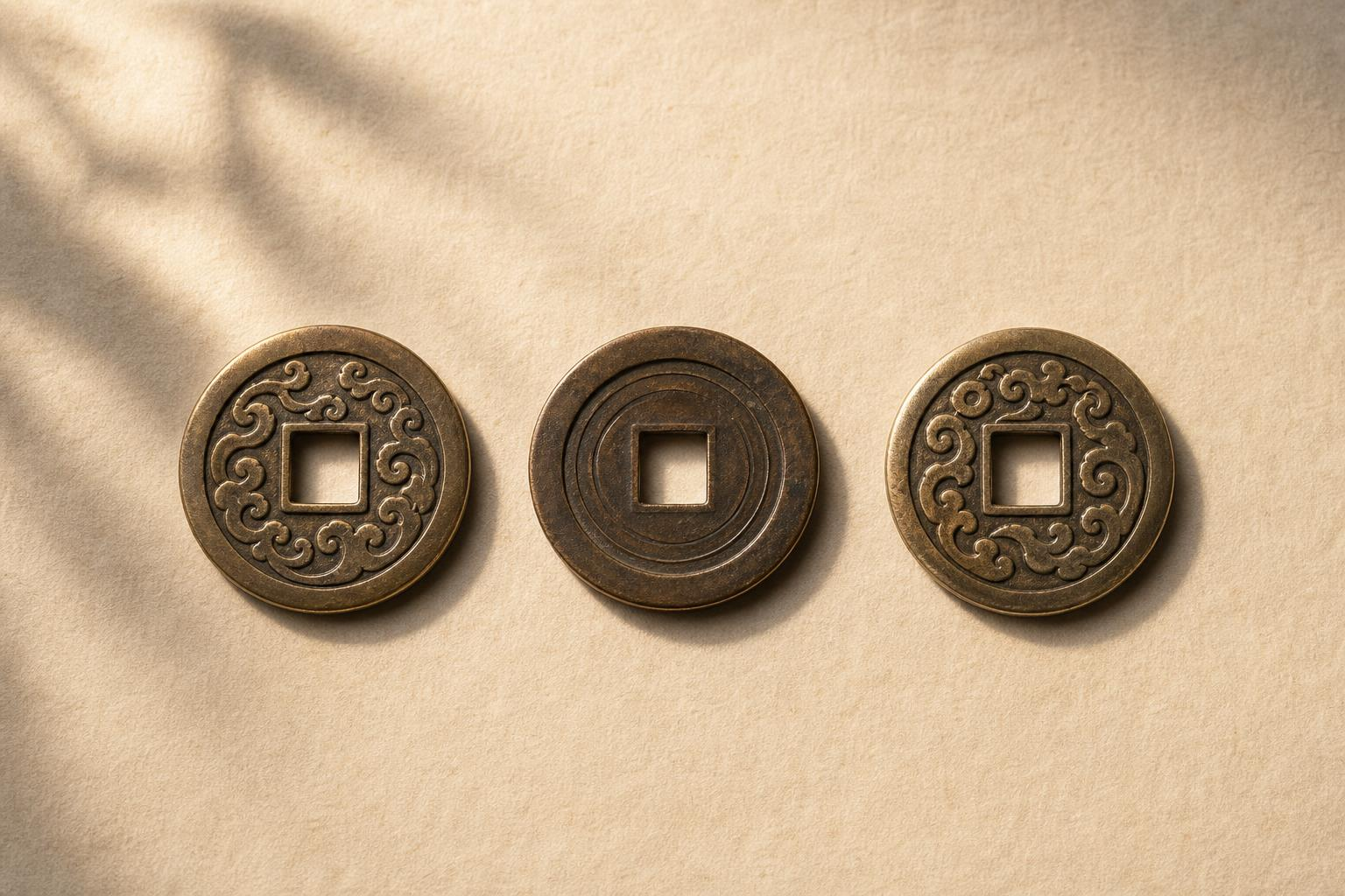 Three ancient bronze Chinese ritual coins on warm ivory linen